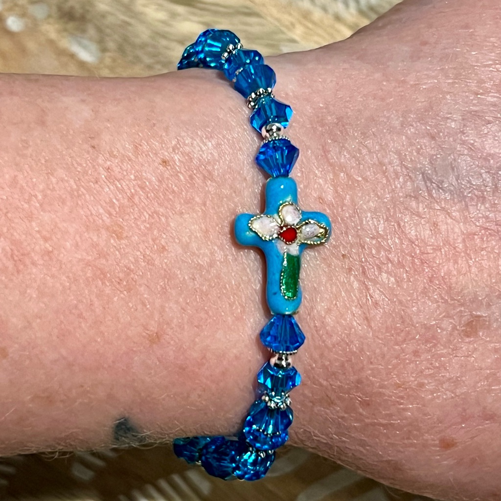 New Pretty Turquoise Swarovski Crystal & Cloisonn Cross Bracelet W/ Hook Clasp